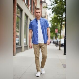 GAP Lived-In Blue Short-Sleeve Shirt with Light Blue Geo Print